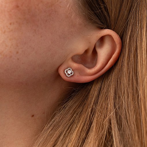 Серьги - пусеты "Клевер" с фианитами (белое золото) с09175 4