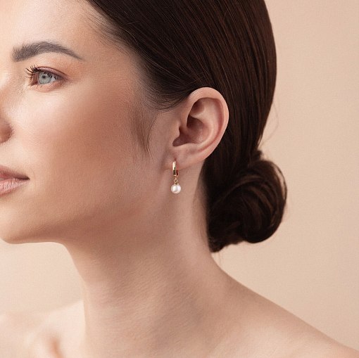 Золотые серьги - кольца с жемчугом с08273 2