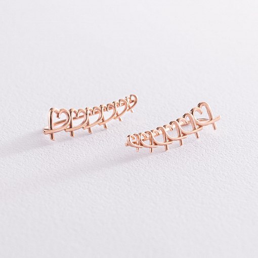 Серьги - клаймберы "Сердечки" в красном золоте с07105