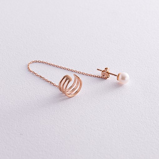 Серьга - каффа "Тринити" с жемчужиной (красное золото) с08261 2