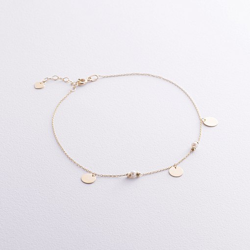 Браслет "Монетки и шарики" с жемчугом на ногу (желтое золото) б05368