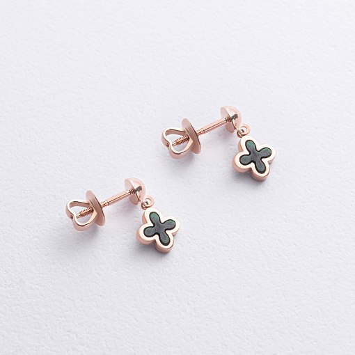 Золотые серьги - пусеты "Клевер" (малахит) с09289 2