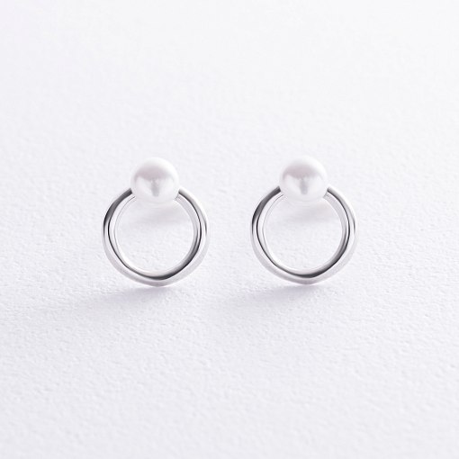 Серьги - пусеты "Круговорот" с жемчугом (белое золото) с08502