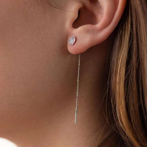 Серьги - протяжки "Сердечки" в белом золоте (фианиты) с08084 3