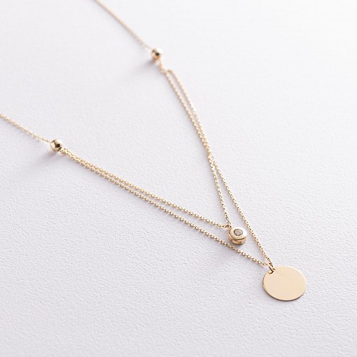 Двойное золотое колье с монеткой и фианитом (возможна гравировка) кол01768 2