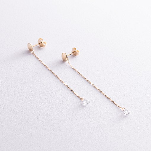 Серьги - пусеты "Фианит на цепочке" в желтом золоте с08021 2