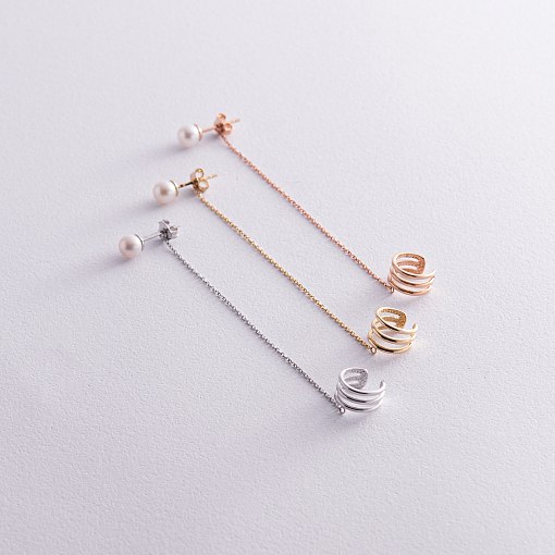 Серьга - каффа "Тринити" с жемчужиной (белое золото) с08251 8