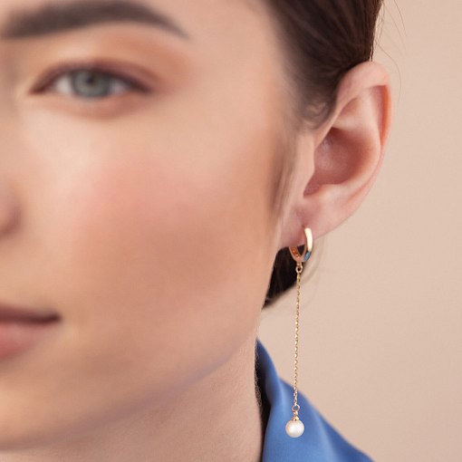 Серьги - кольца "Жемчужина на цепочке" в желтом золоте с08356 4