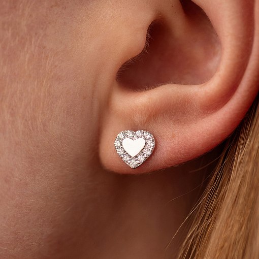 Серьги - пусеты "Сердечки" с фианитами (белое золото) с08111 4