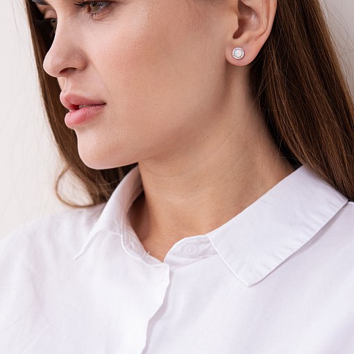 Золотые серьги-пусеты "Сияние" (синт. опал, фианиты) 8 мм с07439 2