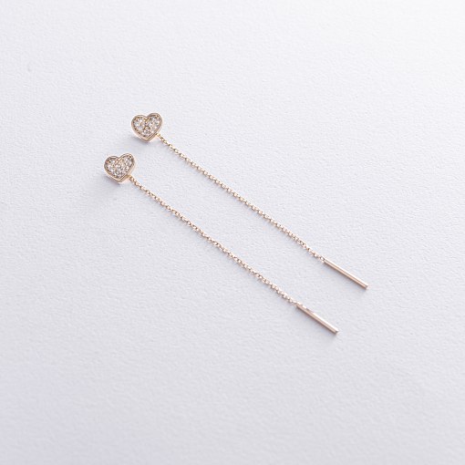 Серьги - протяжки "Сердечки" в желтом золоте (фианиты) с08069