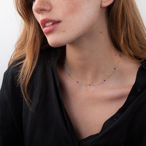 Колье в белом золоте (синяя и желтая эмаль) кол02247 5