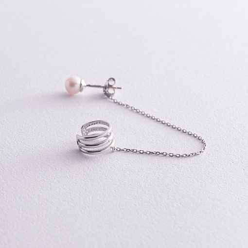 Серьга - каффа "Тринити" с жемчужиной (белое золото) с08251 6