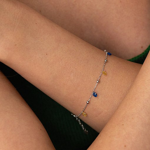 Браслет "Независимая" с шариками в белом золоте (синие и желтые фианиты) б05171 4