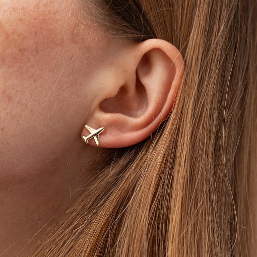 Cерьги - пусеты "Самолет" (желтое золото) с09196 2