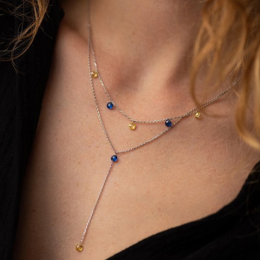 Двойное золотое колье - галстук "Украинка" (синие и желтые фианиты) кол02332 2