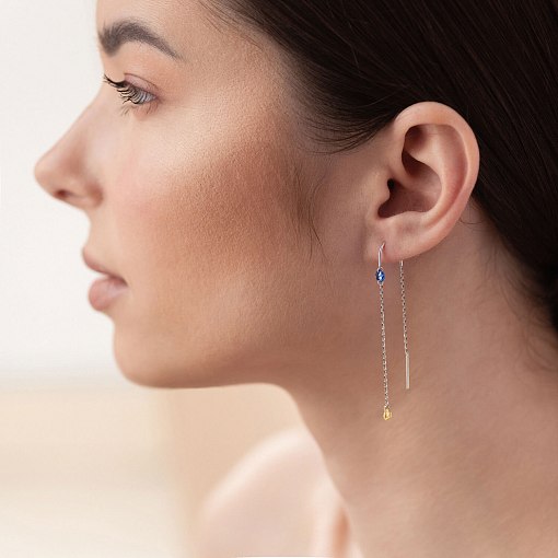 Золотые серьги - протяжки "Украинка" (голубые и желтые фианиты) с08390 3