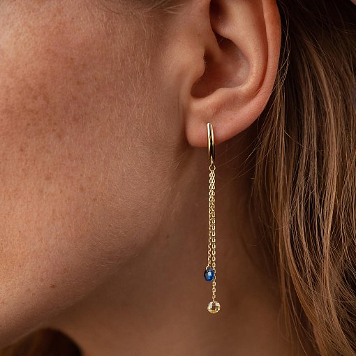 Висячие золотые серьги "Украинка" (голубые и желтые фианиты) с08106 4