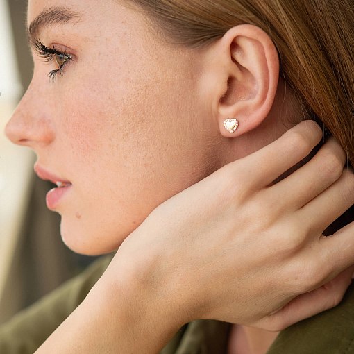 Серьги - пусеты "Сердечки" с фианитами (желтое золото) с08110 7