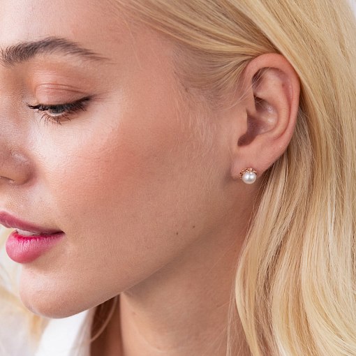 Золотые серьги - пусеты с жемчугом с07637 2