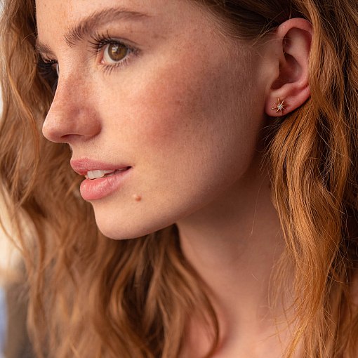 Золотые серьги - пусеты "Звезды метеориты" с фианитами с07906 2