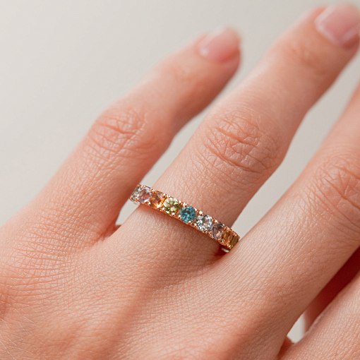 Золотое кольцо с дорожкой разноцветных натуральных камней к07526 9
