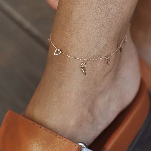 Браслет "Сердечки и крестики" на ногу (желтое золото) б05124 4