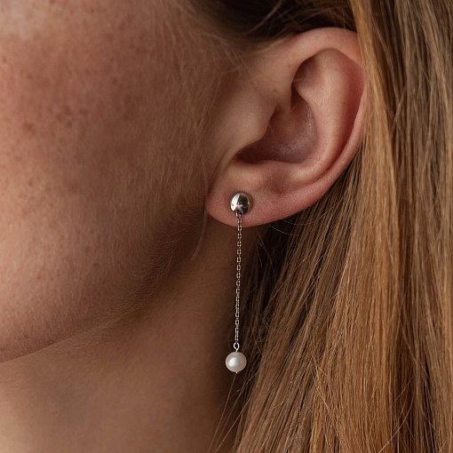 Серьги - пусеты "Жемчужина на цепочке" в белом золоте с08302 4