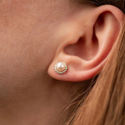 Золотые серьги - пусеты "Linea" (жемчуг, фианиты) с08915 4