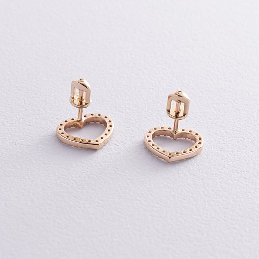 Золотые серьги - пусеты "Сердечки" с фианитами с08443 3