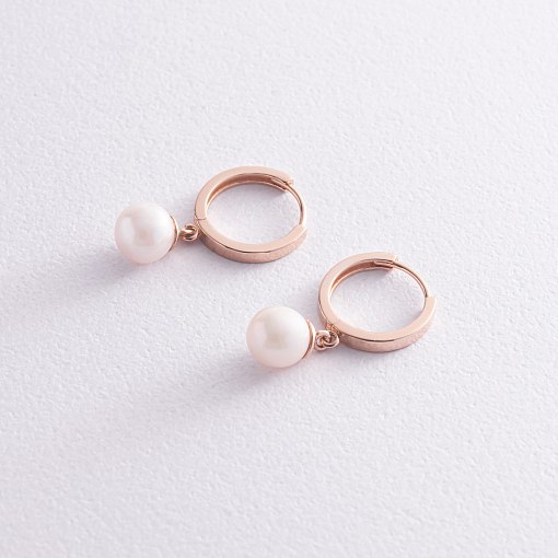 Золотые серьги - кольца с жемчугом с08273