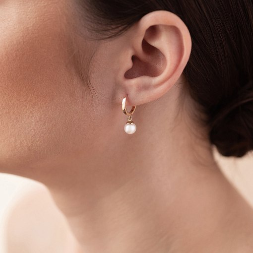 Золотые серьги - кольца с жемчугом с08273 4