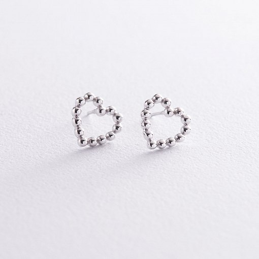 Серьги-пусеты "Влюбленные сердца" в белом золоте с06897