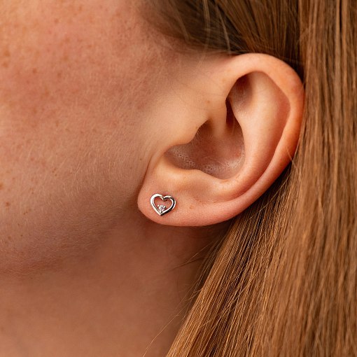 Серьги - пусеты "Сердечки" в белом золоте (фианиты) с08474 2