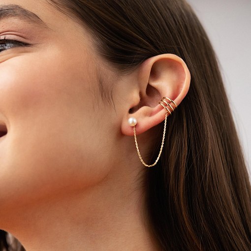 Серьга - каффа "Тринити" с жемчужиной (желтое золото) с08260 5