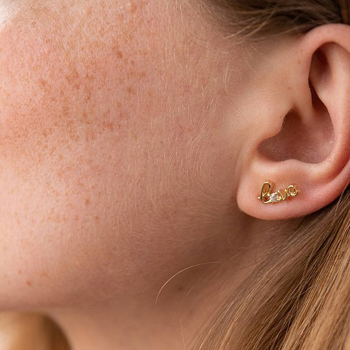 Золотая моносерьга "Love" с фианитом с07922 2