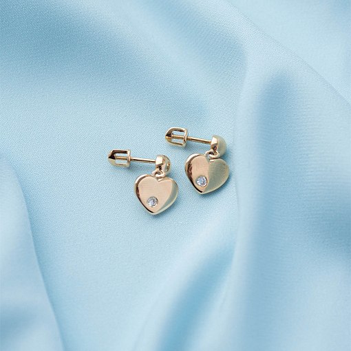 Золотые серьги - пусеты "Сердечки" с фианитами с07011 7