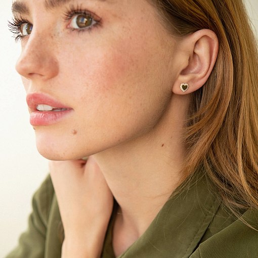 Серьги - пусеты "Сердечки" с фианитами (желтое золото) с08110 6