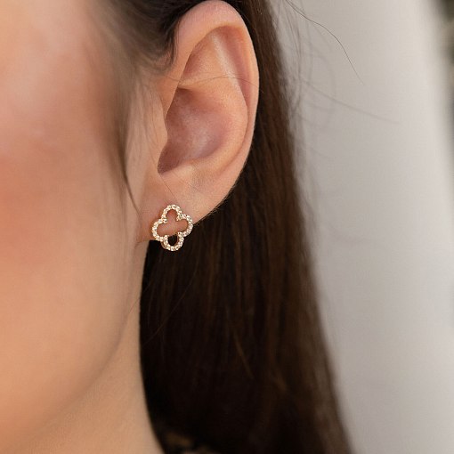 Серьги - пусеты "Клевер" с фианитами (желтое золото) с08436