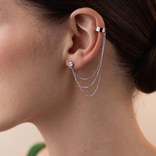 Серьга - каффа "Тринити" в белом золоте с цепочками (фианит) с08020 9