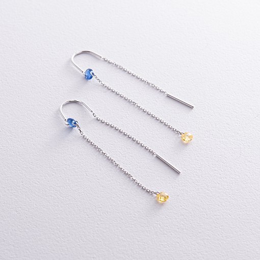 Золотые серьги - протяжки "Украинка" (голубые и желтые фианиты) с08390 2