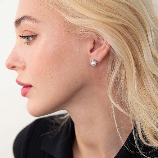 Золотые серьги - пусеты с жемчугом с07661 2