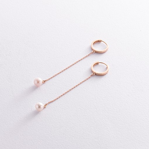 Серьги - кольца "Жемчужина на цепочке" в красном золоте с08355 7