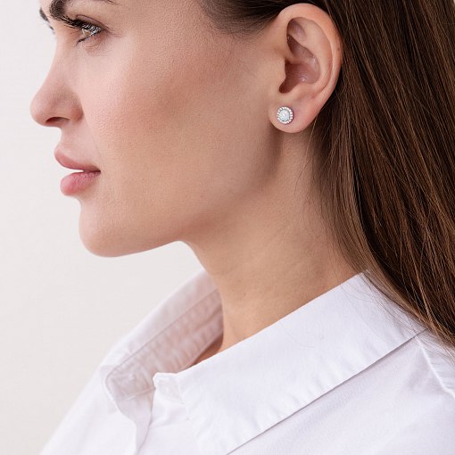 Золотые серьги-пусеты "Сияние" (синт. опал, фианиты) 9 мм с07436 2