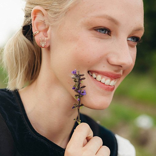 Асимметричные золотые серьги "Герб Украины - Тризуб" с07949