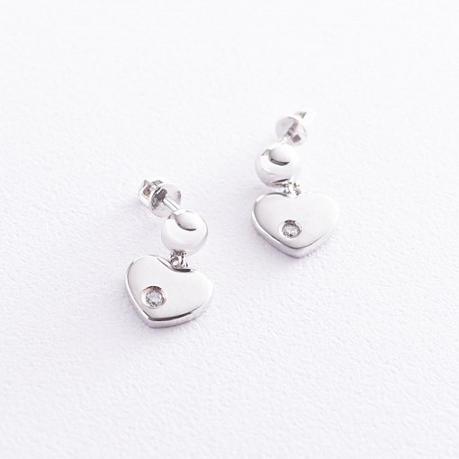 Серьги - пусеты "Сердечки" с фианитами в белом золоте с07015 3