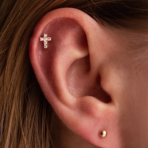 Одиночная золотая серьга для хеликса "Крестик" (фианиты) 1719ч 2