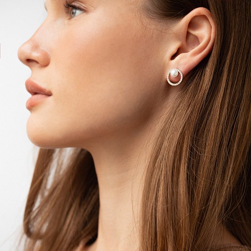 Золотые серьги - пусеты "Круговорот" (жемчуг, фианиты) с09178 2