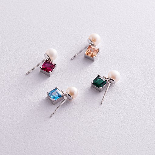 Золотые серьги - пусеты "Альма" (зеленые фианиты, жемчуг) с08248 3