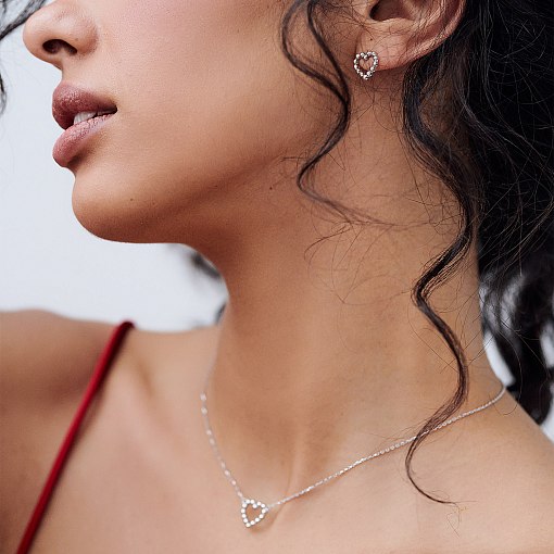 Серьги-пусеты "Влюбленные сердца" в белом золоте с06897 2